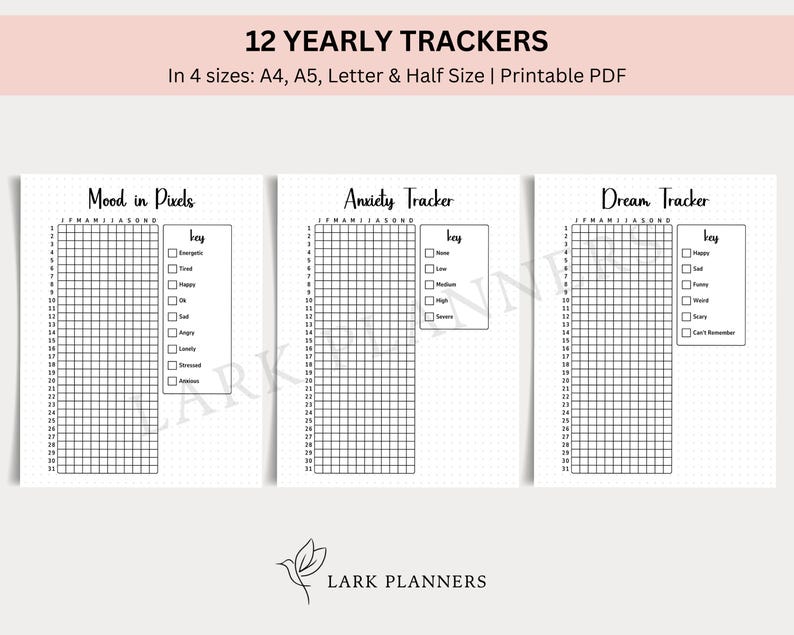 May include: Three printable PDF pages with black and white grids for tracking mood, anxiety, and dreams. Each page has a key with options for each tracker. The pages are titled "Mood in Pixels", "Anxiety Tracker", and "Dream Tracker".