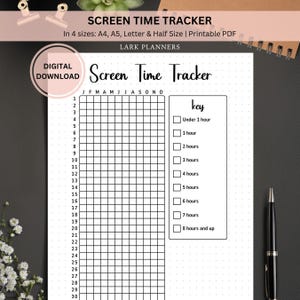 Afdrukbaar logboek schermtijdtracker, Bullet Journal jaarlijkse gewoonte-tracker, A5-planner voegt doelen in, schermtijdgrafiek Telefoongebruik-tracker