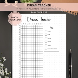 Dream Tracker Printable Bullet Journal Page, Dream Log, Sleep Tracker, Dream Journal, Planner Page, Dream Analysis Dairy, Yearly Tracker