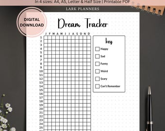 May include: A printable dream tracker with a grid for each month of the year. The grid is divided into 30 squares. There is a key to the right of the grid with checkboxes for Happy, Sad, Funny, Weird, Scary, and Can't Remember.