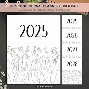 Pagina di copertina del diario 2025, pagina del titolo 2025 stampabile, copertina dell'agenda 2025, formato A5 e A4, formato lettera USA e mezza lettera, pagina del titolo della copertina Bujo