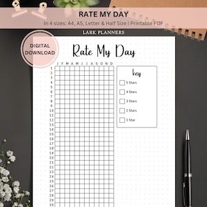 May include: Printable Rate My Day planner with a grid for rating each day of the year on a scale of 1 to 5 stars. The planner includes a key with checkboxes for each star rating.