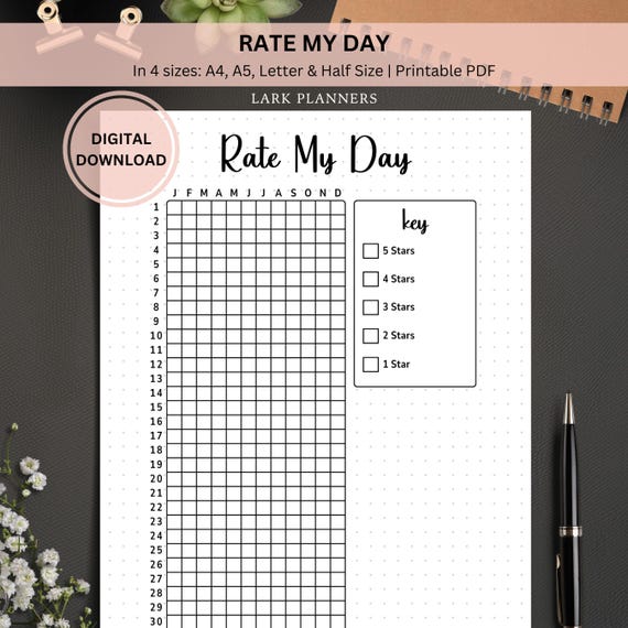 Rate My Day Printable Journal Page, Daily Rating Tracker, Moody Tracker, Year in Pixels, Wellness Self Esteem Tracker Gratitude Journal Page