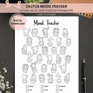 Cactus Mood Tracker, Bullet Journal, Emotion Tracker, Botanical Summer Mood Tracker, A5 Planner Inserts, Printable Coloring Mood Tracker