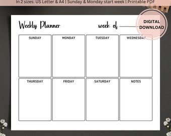 Bewerkbare weekplanner afdrukbare pdf, minimaal weekschema, plannersjabloon, wekelijkse organisator, wekelijkse agenda, A4- en US Letter-formaat