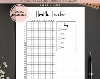 Health Tracker Printable Bullet Journal Page, Health Journal, Symptom Tracker, Self Care Planner Page Tracker, Health Planner Yearly Tracker