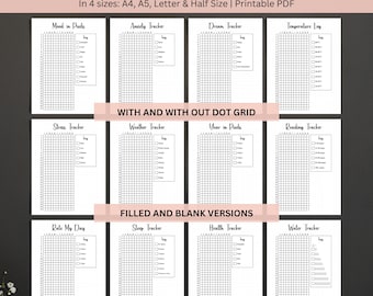 Yearly Trackers Bundle, Bullet Journal Printable Planner Pages, Daily Journal PDF, Mental Health Self Care Habit Trackers, A5 Planner Insert