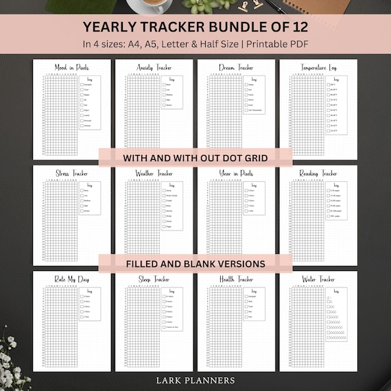 Yearly Trackers Bundle, Bullet Journal Printable Planner Pages, Daily Journal PDF, Mental Health Self Care Habit Trackers, A5 Planner Insert