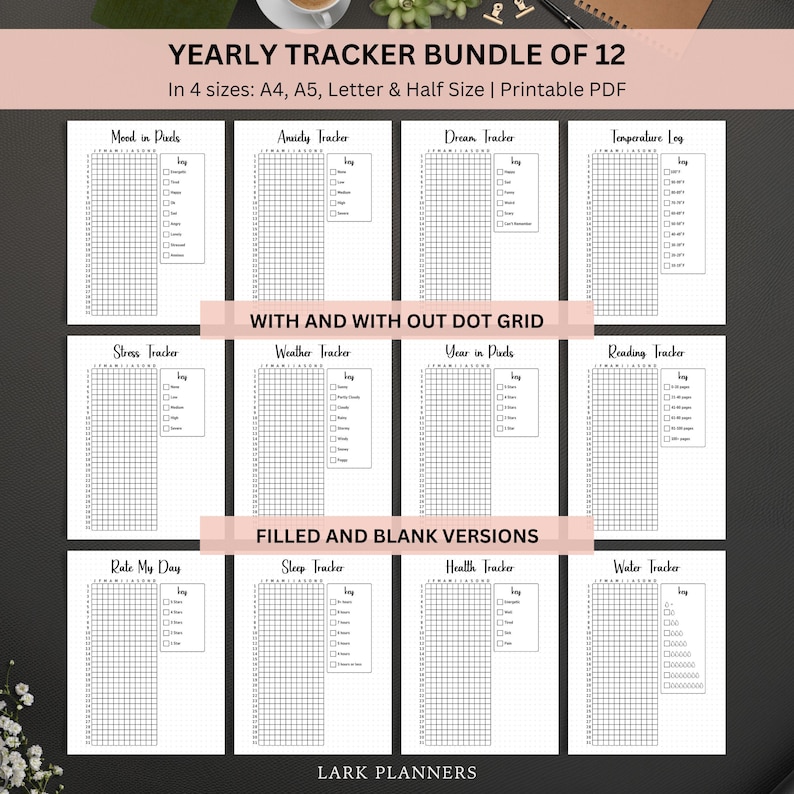 May include: A set of 12 printable yearly tracker pages in four sizes: A4, A5, Letter, and Half Size. The trackers include Mood in Pixels, Anxiety Tracker, Dream Tracker, Temperature Log, Stress Tracker, Weather Tracker, Year in Pixels, Reading Tracker, Rate My Day, Sleep Tracker, Health Tracker, and Water Tracker. The trackers are available with and without a dot grid and in filled and blank versions.