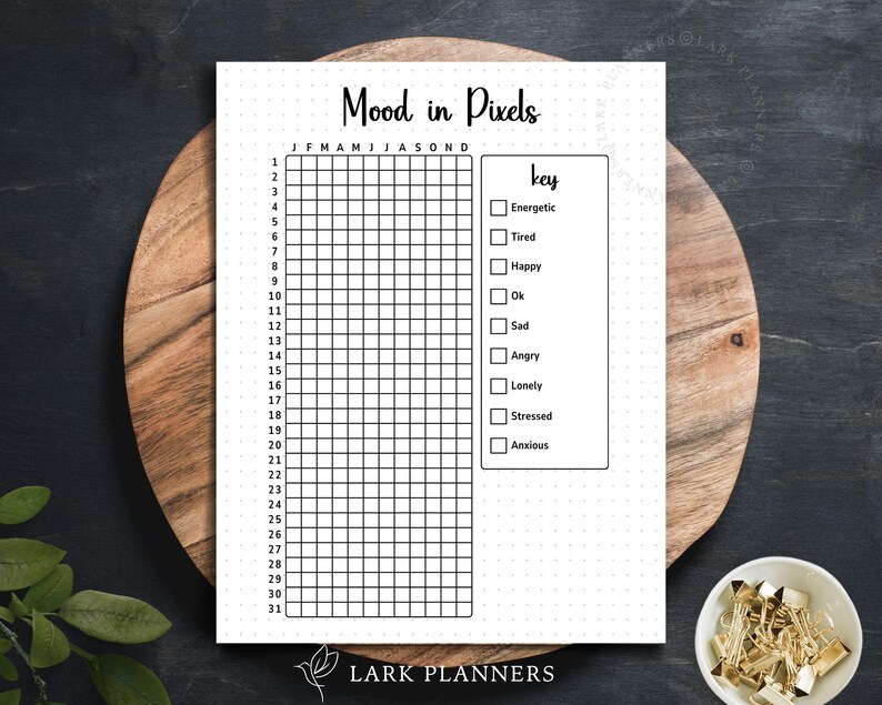May include: A printable mood tracker with a grid for each day of the month and a key with mood descriptors such as energetic, tired, happy, ok, sad, angry, lonely, stressed, and anxious.