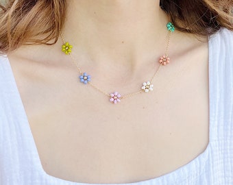 Beaded Flower Charm Necklace | Gold Chain Summer Choker