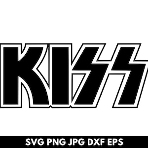 Peut inclure: Logo noir et blanc du groupe de rock KISS. Le logo présente le nom du groupe en lettres audacieuses et stylisées.