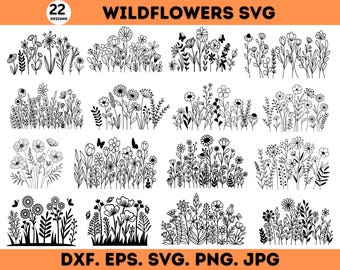 May include: A set of 22 black and white SVG designs of wildflowers. The designs are perfect for crafting, scrapbooking, and other creative projects.