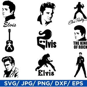 May include: Black and white silhouette images of Elvis Presley, including a portrait, a guitar, and the text "Elvis Presley", "Elvis", and "The King of Rock".