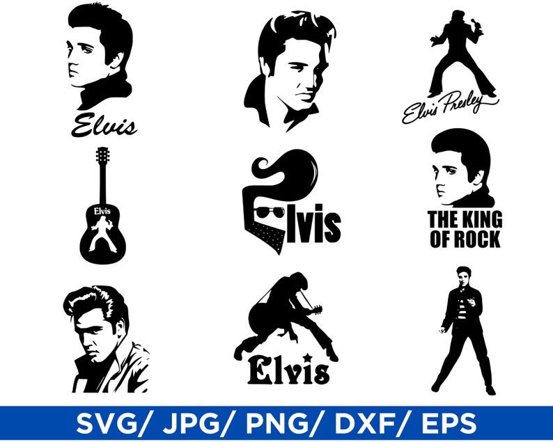 May include: Black and white silhouette images of Elvis Presley, including a portrait, a guitar, and the text "Elvis Presley", "Elvis", and "The King of Rock".
