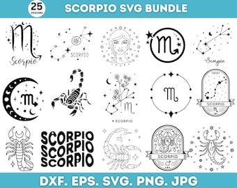 Può includere: Un set di 25 illustrazioni vettoriali in bianco e nero del segno zodiacale Scorpione. I design presentano vari stili, tra cui uno scorpione, la costellazione e il simbolo zodiacale. Il testo "SCORPIO SVG BUNDLE" è in cima all'immagine.