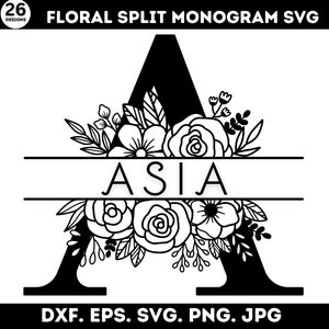 Alfabeto floral Svg, Monograma dividido Svg, Alfabeto de flores Svg, Corona floral Svg, Alfabeto Svg, Apellido Svg, Descarga instantánea, Silueta