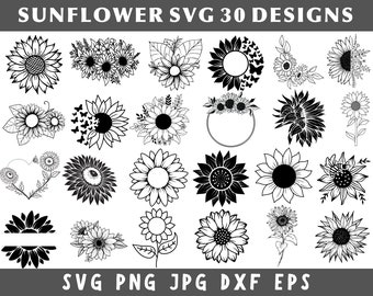 May include: A set of 30 black and white sunflower SVG designs. The designs feature various styles of sunflowers, including simple outlines, detailed illustrations, and floral arrangements. The designs are perfect for crafting, scrapbooking, and other creative projects.