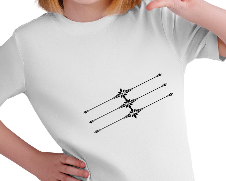 May include: White t-shirt with a black design of four stylized arrows with flower-like accents.