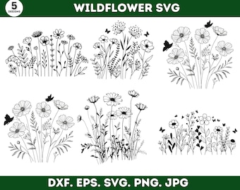 Wildflowers Svg Png, Wild Flower Svg, Bouquet Svg, Nature Svg, Minimalist Flower Svg, Floral Svg, Svg Files For Cricut, Flower Sketch Svg