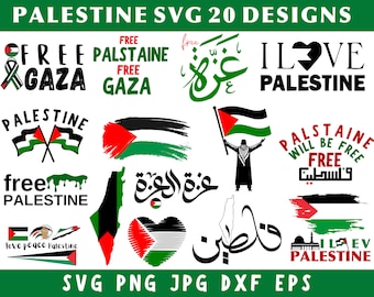 May include: A collection of 20 digital designs featuring the Palestinian flag and text in both English and Arabic. The designs include phrases like "Free Palestine", "I Love Palestine", and "Love Peace Palestine".
