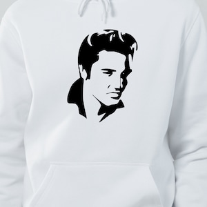 May include: A white hoodie with a black silhouette of Elvis Presley's face on the front.