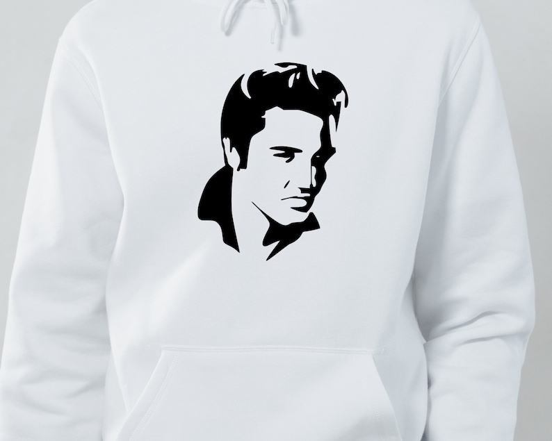May include: A white hoodie with a black silhouette of Elvis Presley's face on the front.