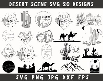 May include: A collection of 20 black and white desert scene SVG designs. The designs include cacti, mountains, suns, moons, and camels. The text "DESERT SCENE SVG 20 DESIGNS" is at the top. File types include SVG, PNG, JPG, DXF, and EPS.