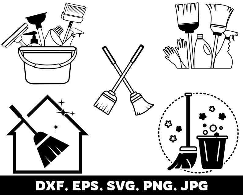 May include: Black and white vector illustrations of cleaning supplies, including brooms, mops, a bucket, and a plunger. The illustrations are in a simple, minimalist style.