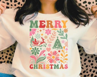 Merry Christmas Boho bloemen Svg Png, Boho bloemen vrolijk en helder png, Boho Christmas Png, kerst Clipart T-shirt, sublimatie ontwerp