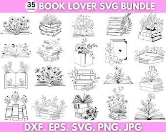 May include: A set of 35 black and white book lover SVG designs featuring books, flowers, and the word "love".