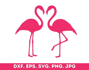 May include: Two pink flamingo silhouettes facing each other with their necks forming a heart shape.