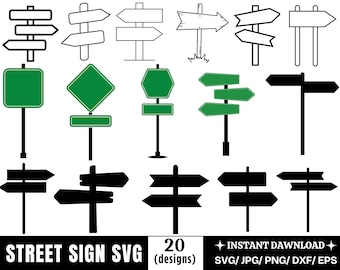 Puede incluir: Un conjunto de 20 diseños de señales de calle en SVG. Las señales son de varios estilos, incluyendo flechas simples, dobles y triples, y algunas tienen un aspecto de tablón de madera. Las señales son en negro, blanco y verde.