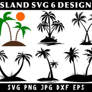 May include: Six black and white silhouette designs of palm trees on islands. The designs include single palm trees, double palm trees, and palm trees with a sun.