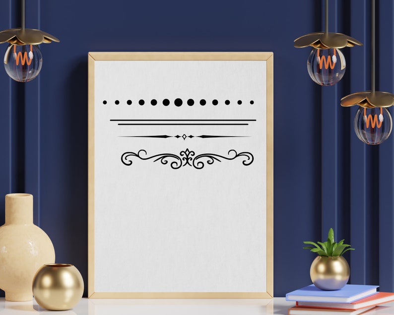 May include: A framed printable with a black and white design featuring a row of dots, two horizontal lines, and a decorative flourish. The frame is light wood and the background is a dark blue wall.