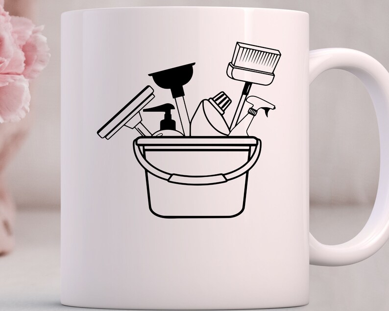 May include: A black and white illustration of a bucket filled with cleaning supplies, including a broom, a plunger, a spray bottle, and a sponge.