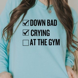May include: A light blue sweatshirt with a checklist that says "Down Bad", "Crying", and "At the Gym".