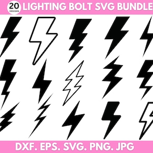 May include: A set of 20 black lightning bolt SVG designs. The bolts are in various styles and sizes. The text "20 DESIGNS" and "LIGHTING BOLT SVG BUNDLE" is at the top of the image. The text "DXF. EPS. SVG. PNG. JPG" is at the bottom of the image.