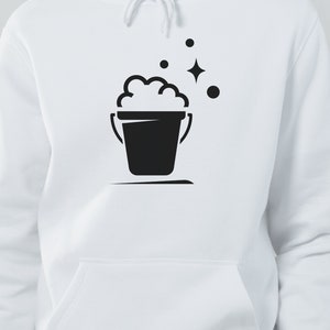 May include: White hoodie with a black graphic of a bucket with soap suds and stars on it.