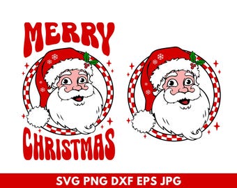 May include: Red and white Christmas design with the words "Merry Christmas" and a cartoon image of Santa Claus with a white beard and red hat.
