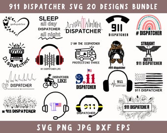 May include: A collection of 20 SVG designs for 911 dispatchers. The designs feature various graphics, including a heart with butterflies, a fire truck, headphones, a city skyline, a rainbow, a woman with a bun, an eagle, a US flag, and a headset with a heartbeat. The text "911 Dispatcher" appears in several designs.