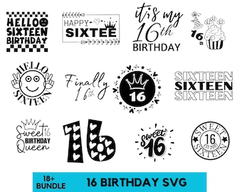 Paquete svg de 16 cumpleaños, dieciséis svg png, 16 cumpleaños png, cumpleaños svg, 16 cumpleaños, archivos svg para cricut, silueta, descarga instantánea