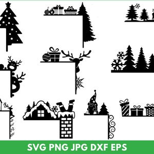 Puede incluir: Un conjunto de 10 archivos de corte SVG de esquina de Navidad en blanco y negro. Los diseños incluyen un árbol de Navidad, un reno, Santa Claus, una casa y regalos. Los archivos son perfectos para crear manualidades y decoraciones festivas.