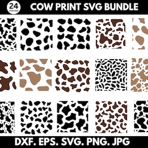 Op de afbeelding: Een set van 24 digitale koe-printpatronen in zwart, bruin en wit. De patronen zijn gerangschikt in een raster van 4 rijen en 6 kolommen. De patronen zijn naadloos en kunnen worden gebruikt voor een verscheidenheid aan projecten, zoals stof, behang en knutselen.  COW PRINT SVG BUNDLE. DXF. EPS. SVG. PNG. JPG.