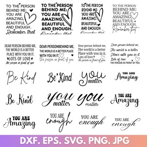 K&ouml;nnte beinhalten: Ein digitaler Download von 10 druckbaren inspirierenden Zitaten in schwarzem Text auf wei&szlig;em Hintergrund. Die Zitate beinhalten "You are amazing", "You are enough", "Be Kind", und "You matter".