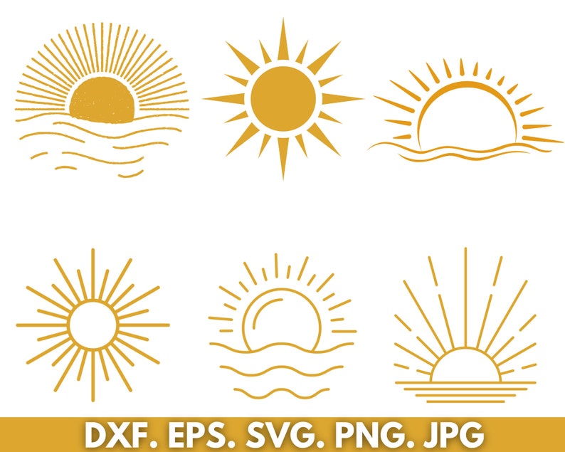 May include: Six different sun and sunrise illustrations in a gold color. The illustrations are all in a minimalist style and feature a sun with rays emanating from it. Some of the illustrations also feature a wavy line representing water.