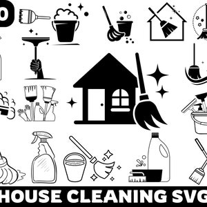 May include: A set of 20 black and white vector illustrations of house cleaning supplies and tools. The illustrations include a broom, a bucket, a mop, a sponge, a squeegee, a spray bottle, a dustpan, a trash can, a vacuum cleaner, a toilet brush, a window cleaner, a floor cleaner, a laundry basket, a cleaning cloth, a cleaning glove, a cleaning brush, a cleaning kit, a cleaning caddy, a cleaning cart, and a cleaning service logo.  +20 HOUSE CLEANING SVG