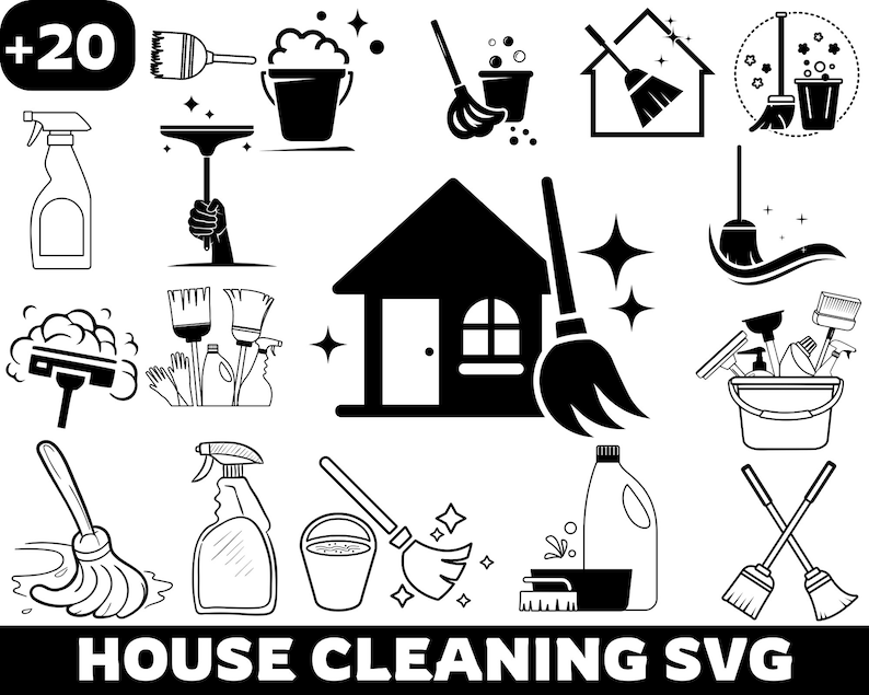 May include: A set of 20 black and white vector illustrations of house cleaning supplies and tools. The illustrations include a broom, a bucket, a mop, a sponge, a squeegee, a spray bottle, a dustpan, a trash can, a vacuum cleaner, a toilet brush, a window cleaner, a floor cleaner, a laundry basket, a cleaning cloth, a cleaning glove, a cleaning brush, a cleaning kit, a cleaning caddy, a cleaning cart, and a cleaning service logo.  +20 HOUSE CLEANING SVG
