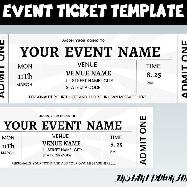 Editable Event Ticket Template, Event Tickets, Printable Event Ticket, Personalized Gift For Him/Her, Instant Download