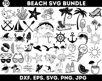 May include: A black and white vector illustration set of 70 beach-themed SVG designs. The set includes images of palm trees, seashells, starfish, flip flops, ice cream cones, anchors, and more.